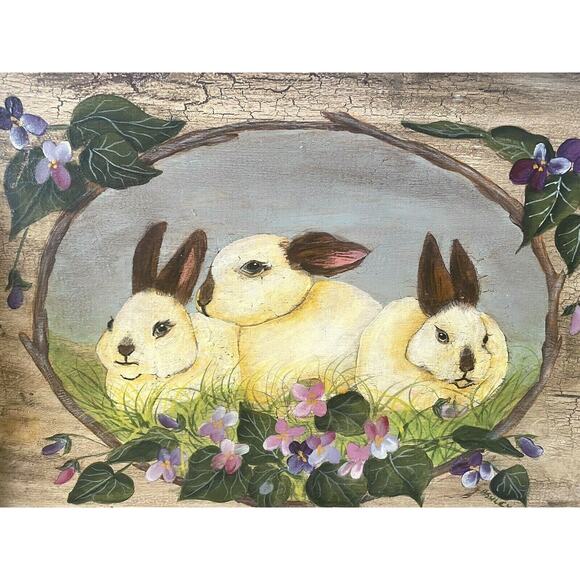 Vintage Bunny Rabbit Easter Tray | Hand Painted Wood Serving Vanity Tray - Picture 3 of 12